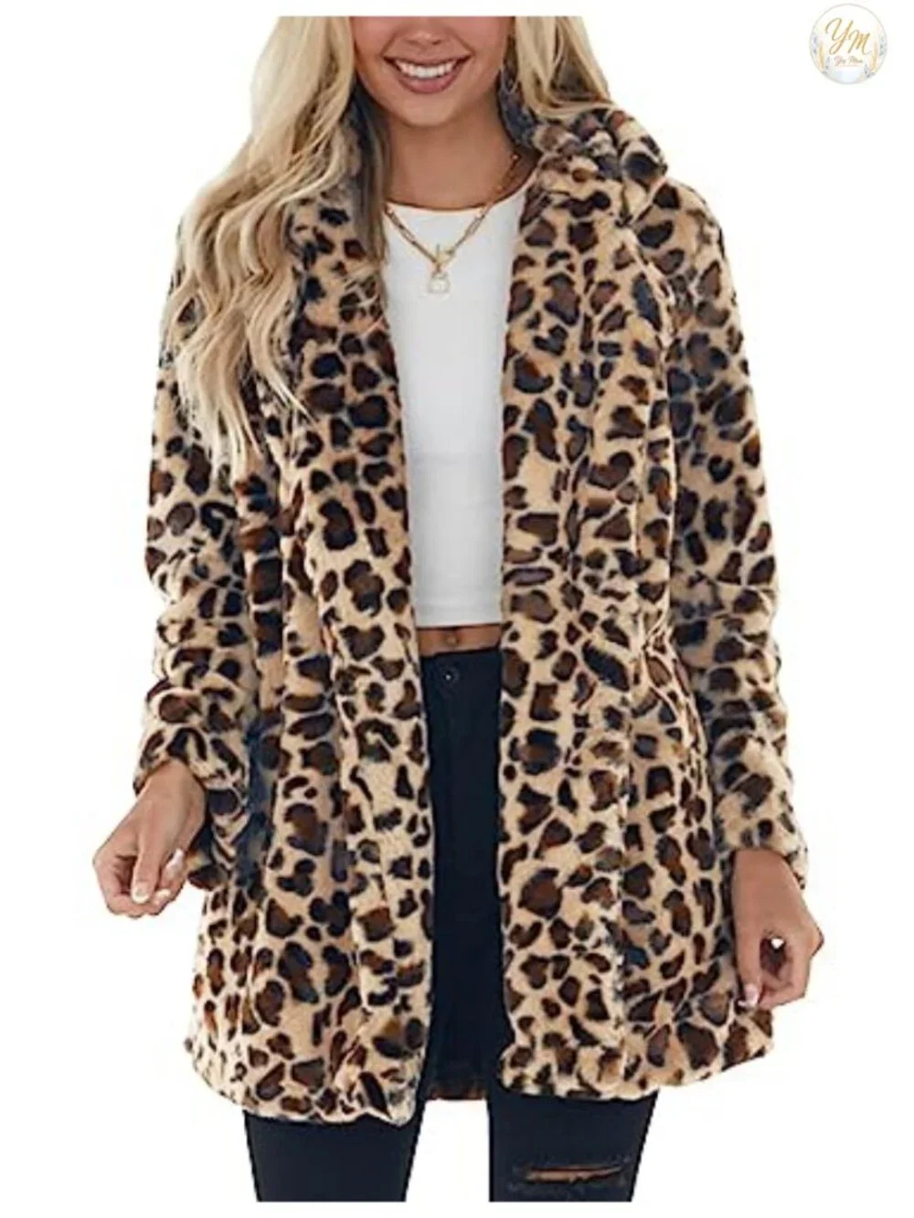 Women's Faux Fur Jacket Leopard Loose Coat Long Sleeve with Pockets